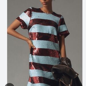 Maeve - Anthropolgie Short Sleeve Sequin Striped Mini Dress. Size Large